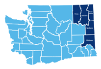 Picture of WA state counties with our service region highlighted. Ferry, Stevens, Whitman, Pend Oreille, Spokane. 
